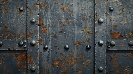 Fototapeta premium Worn Steel. Riveted Metal Plate Background with Weathered Steel Shield Frame