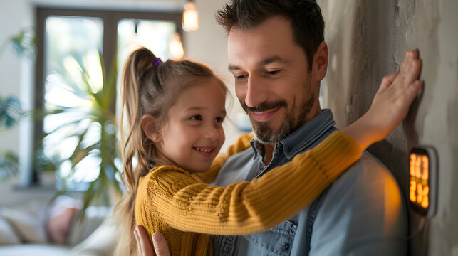 Girl helping father to adjust, lower heating temperature on thermostat. Concept of sustainable, efficient, smart technology in home heating and thermostats