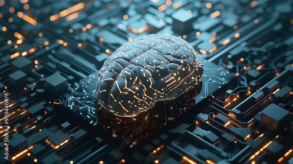 Poster 3d rendered brain model on a circuit board with glowing lights representing artificial intelligence.