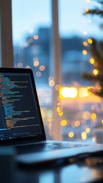 Laptop with code on screen against blurred background of holiday lights. Remote software development concept during festive season.