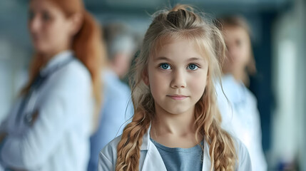 Girl patient looking forward to her doctor and examination in a modern clinic. Girl arriving in hospital with her parents. Emotional support during medical examination