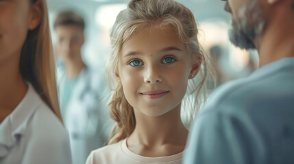 Girl patient looking forward to her doctor and examination in a modern clinic. Girl arriving in hospital with her parents. Emotional support during medical examination