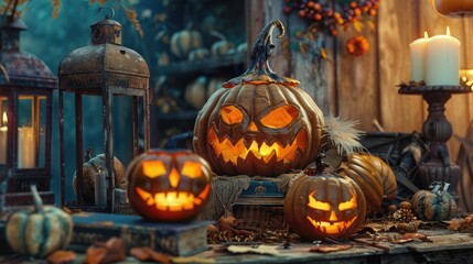 Fototapeta premium Group of carved pumpkins sitting on a table, perfect for decoration or Halloween theme
