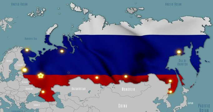 Map of Russia in the colors of national flag. The capital and major cities are marked.
