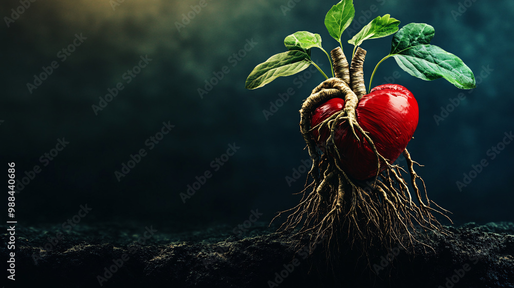 Poster heart. human heart with roots growing from it. dark backdrop. connection between nature and humanity