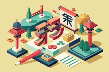 A vibrant isometric illustration showcases customizable Japanese calligraphy surrounded by traditional elements and a tranquil outdoor backdrop.