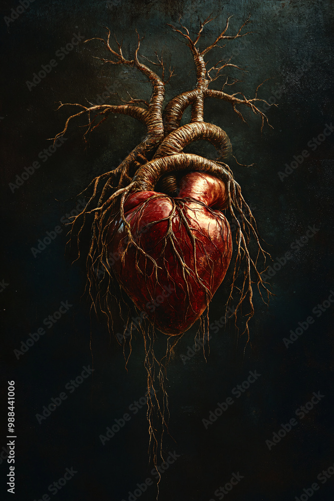 Poster Heart. Human heart with roots growing from it. Dark backdrop. Connection between nature and humanity. Ethical implications of bioengineering. 