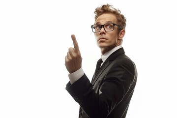A man in a business suit pointing at an object or person, ideal for use as a professional or corporate image