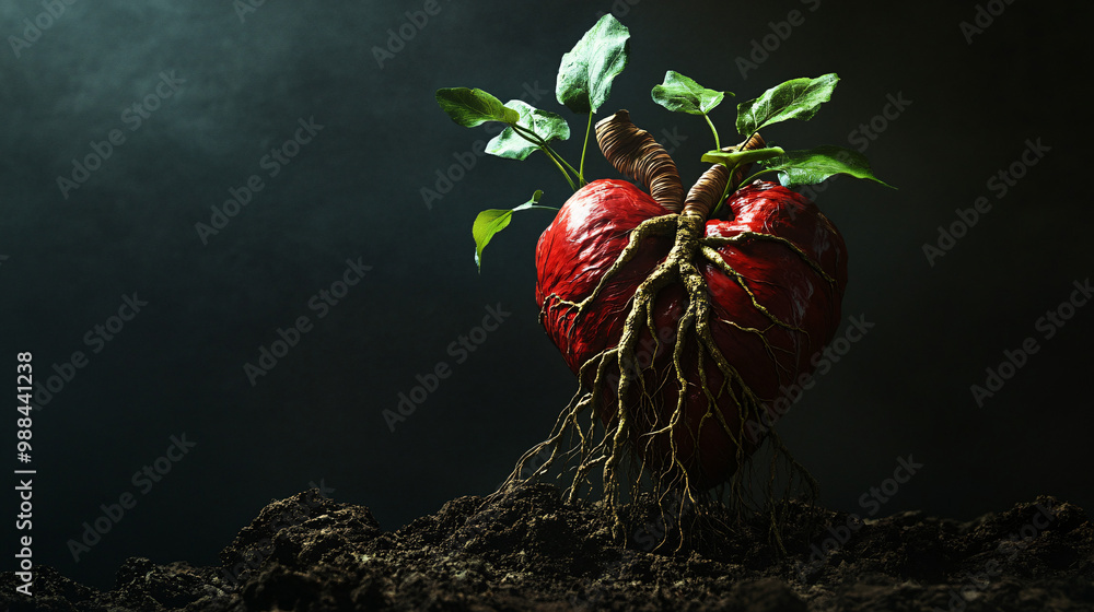 Poster heart. human heart with roots growing from it. dark backdrop. connection between nature and humanity