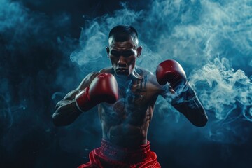 Naklejka premium Boxer training in a smoky atmosphere