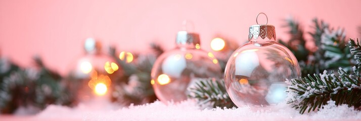 Christmas baubles glass balls and pine branches. Horizontal banner web poster, header for website minimal design. Xmas holiday background. Festive border