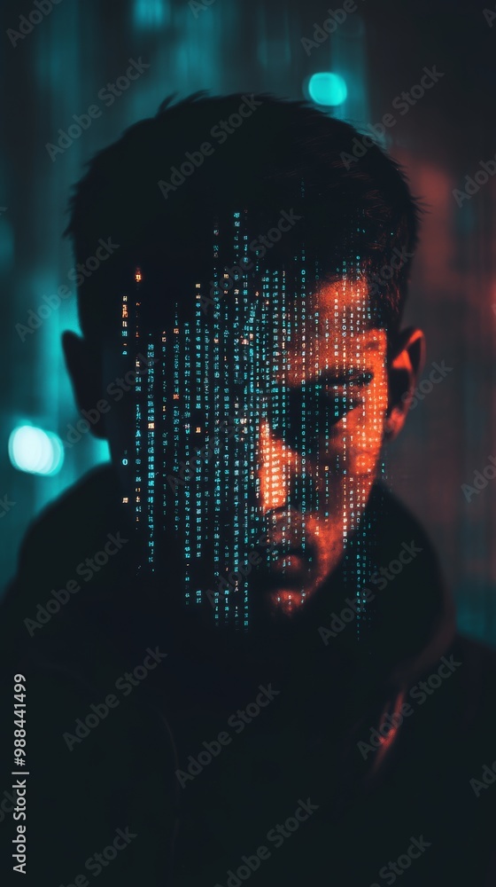 Poster Hacker with encrypted text projected on face in a dark, digital environment, representing cybersecurity and privacy threats.