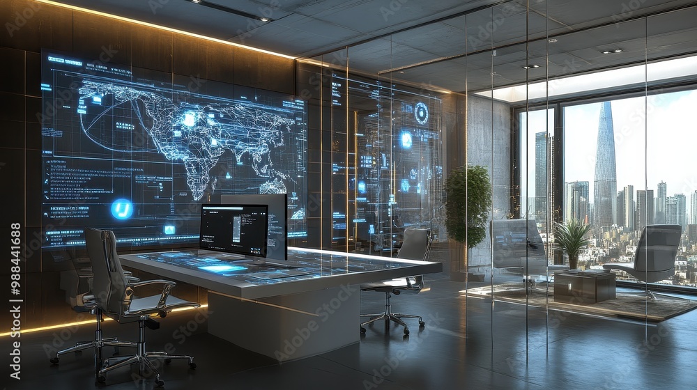 Poster futuristic tech workspace with digital map and city view