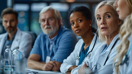 Fototapeta premium Group of doctors talking during conference. Medical networking. Medical experts attending an education event, seminar in board room. Age and gender equity in healthcare
