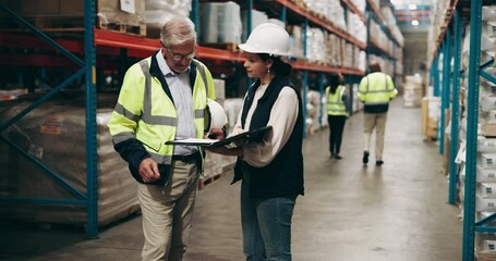 Business people, team and handshake with checklist at warehouse for quality control or logistics. Businessman and woman shaking hands with documents for storage, supply chain or distribution at depot - Powered by Adobe