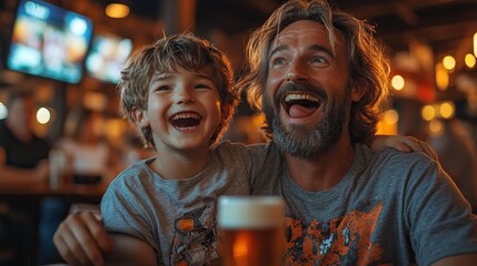 son, father watching football in tv drinking beer, enjoying exciting dramatic match screaming cheering loudly fathers day family, spending time together