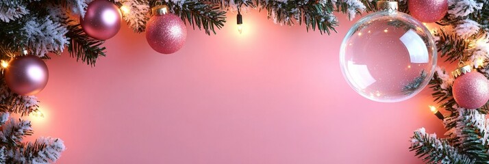 Christmas baubles glass balls and pine branches. Horizontal banner web poster, header for website minimal design. Xmas holiday background. Festive border
