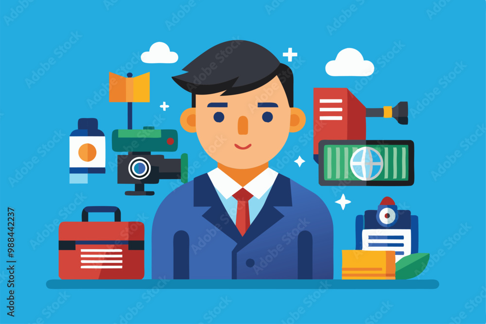 Aufkleber a young journalist utilizes various media tools while preparing for a broadcast in a vibrant and org