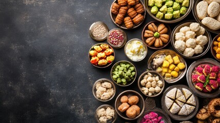 An assortment of Indian sweets and savories, top view, leaving space for copy text.