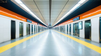 Obraz premium An empty subway platform in a modern Chinese metro station, leaving room for copy space.