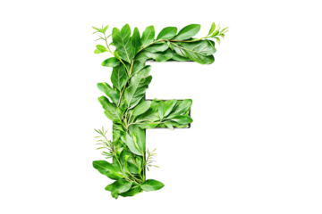 Botanical Letter F with Green Leaves and Foliage, Nature-Inspired Typography and Eco-Friendly Design on Transparent Background, Perfect for Environmental Themes