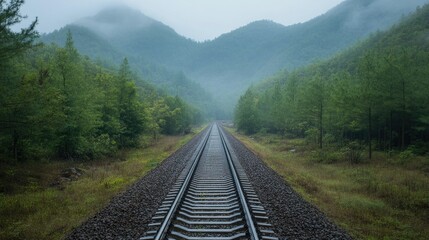 Fototapeta premium An empty train track cutting through a Chinese forest, leaving ample copy space in the surroundings.