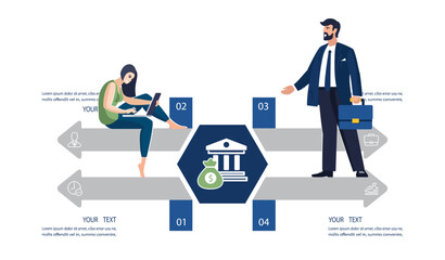 Business people. Businessman with briefcase discussing financial issue with female employee, working on laptop. Statistics, information, icon, infographic, banking, analytics. Vector illustration