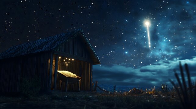 Christmas religious concept of an empty manger illuminated by a bright comet star