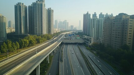 An expressway overpass in China surrounded by skyscrapers, with room for copy space below.