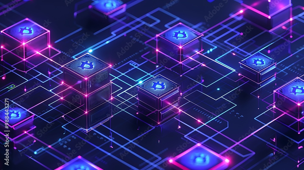 Poster visual representation of the bitcoin network. this 3d rendering shows the digital currency flowing t