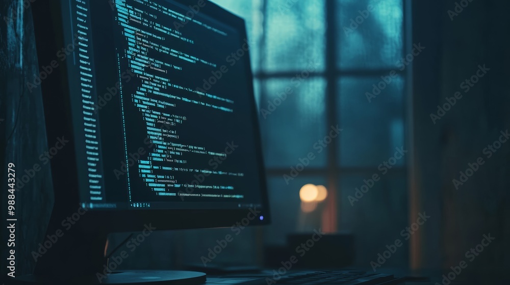 Aufkleber Computer screen displaying lines of code in a dark room with soft lighting from a window.