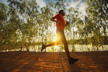 Runner trail running fitness on nature landscape.athlete's feet wearing sports shoes for trail running in the forest