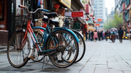 Bicycles parked on a busy Chinese street corner, leaving room for copy space in the background.