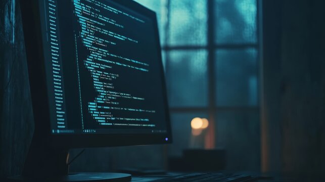 Computer screen displaying lines of code in a dark room with soft lighting from a window.
