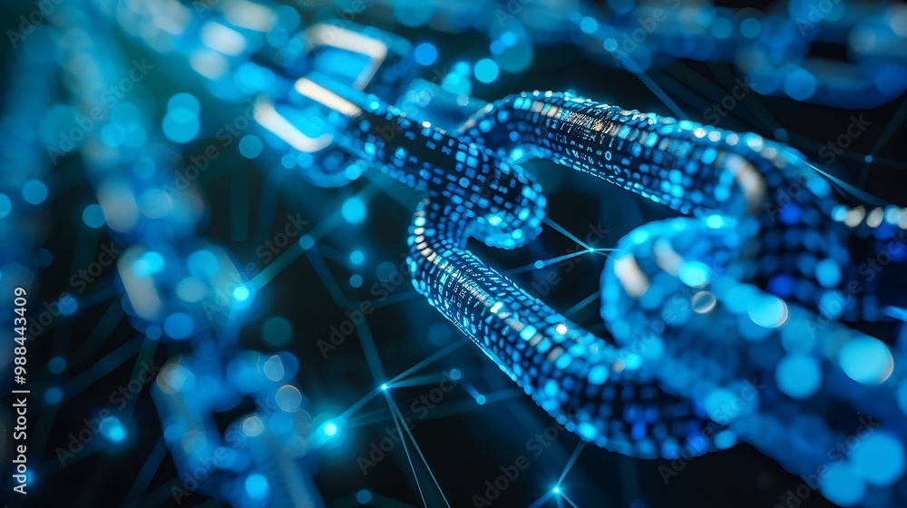 Poster close-up of a digital chain representing the concept of blockchain technology.