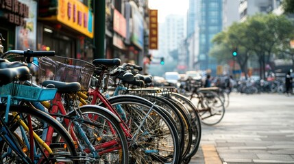 Bicycles parked on a busy Chinese street corner, leaving room for copy space in the background.