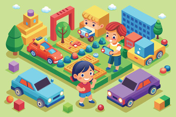 Naklejka premium Kids joyfully interact with bright car toys and build a vibrant landscape filled with trees, blocks, and playful elements under a clear sky.