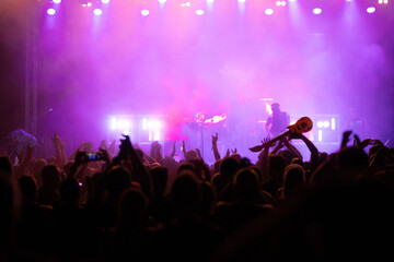 Crowd at concert and blurred stage lights.