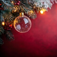 Elegant clear glass Christmas ornament hanging from a green pine branch, with warm bokeh lights in the blurred background, creating a festive and cozy holiday minimal design