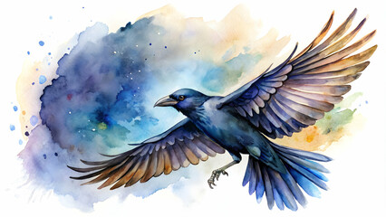 Obraz premium Handdrawn Aquarell flying Crow in a watercolor style, capturing the beauty of a graceful bird in nature, crow, flying
