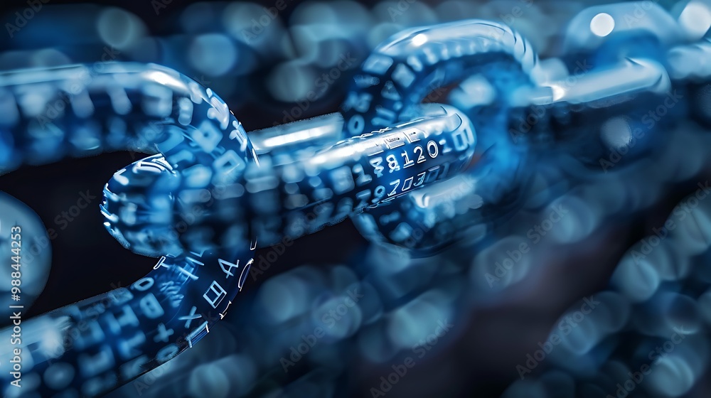 Poster close-up of a digital chain with numbers and symbols representing the digital world and security