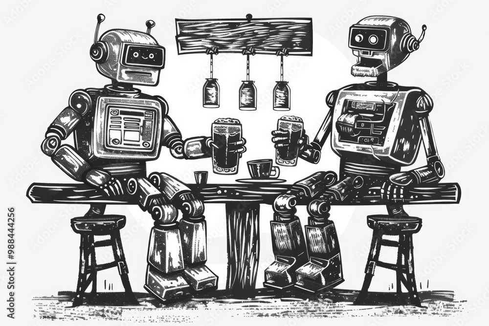 Poster two robots sit at a table, possibly discussing or working together