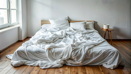 Unmade bed in a room with rumpled bed , messy, disheveled, bedroom, interior, home, decor, linens, rumpled, undone, laziness