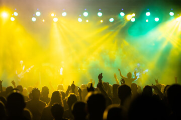 Crowd at concert and colorful stage lights.