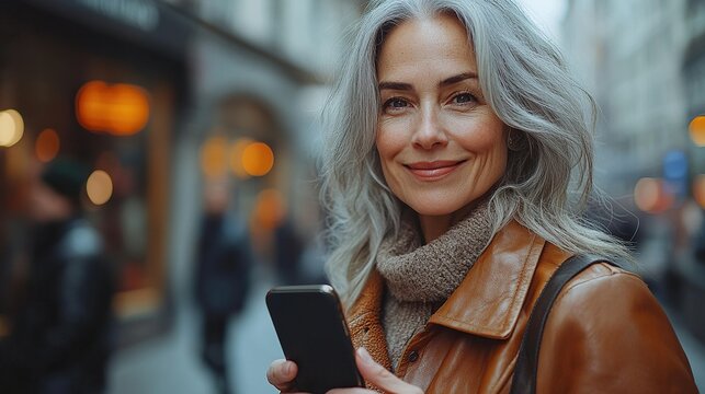 stylish mature woman with gray hair on city street holding smartphone older woman in leather jacket with soft smile