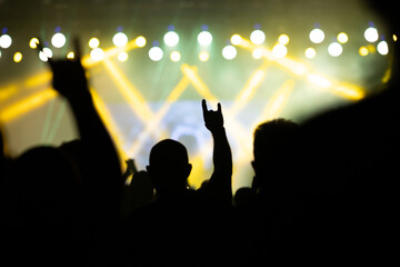 Crowd at concert and colorful stage lights.