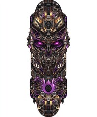 A detailed, intricate illustration of a futuristic, robotic face made up of various gears, cogs, and other mechanical parts. The robot's eyes glow a vibrant purple.