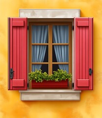 Red Window Shutters on Yellow Wall