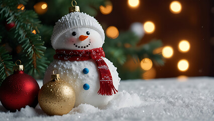 Christmas Day Christmas tree decorations gifts star ball color close up in a snow snowman background