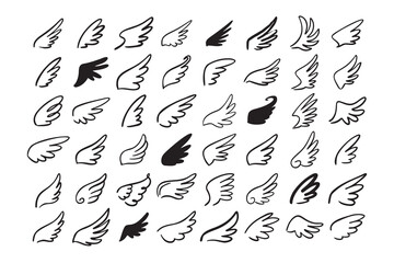 Doodle outline sketch angel wings. Angel feather wing, silhouette. Linear fly winged angels, flying heaven hand drawn doodle vector icons